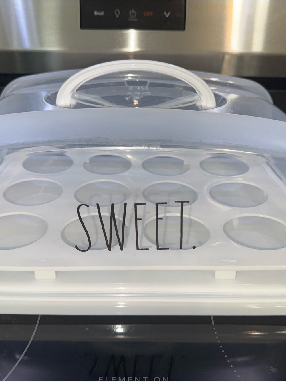 Rae Dunn Clear and White Cupcake Carrier with Handle - SWEET